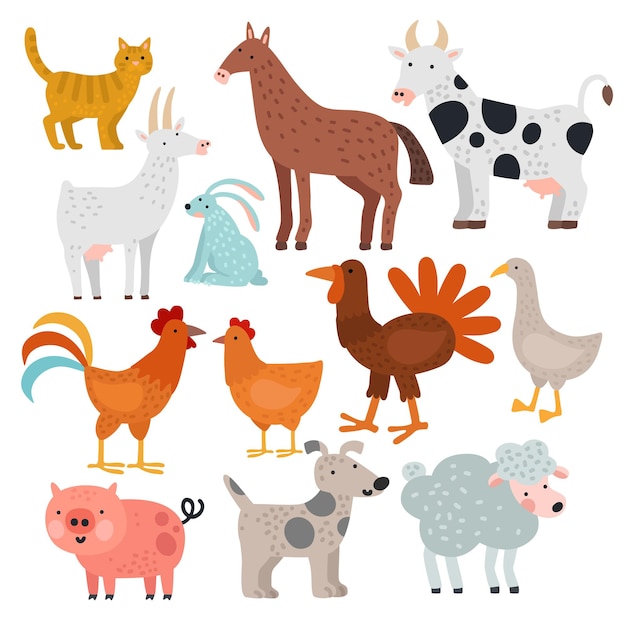 Animaux De La Ferme. Vache, Cheval Et Lapin, Chien Et Dinde, Mouton Et Cochon, Coq Et Poulet, Chèvre Et Chat, Ensemble Isolé De Dessin Animé De Vecteur D'oie. Illustration Vache Et Cochon, Lapin Et Chèvre, Cheval Et Dinde