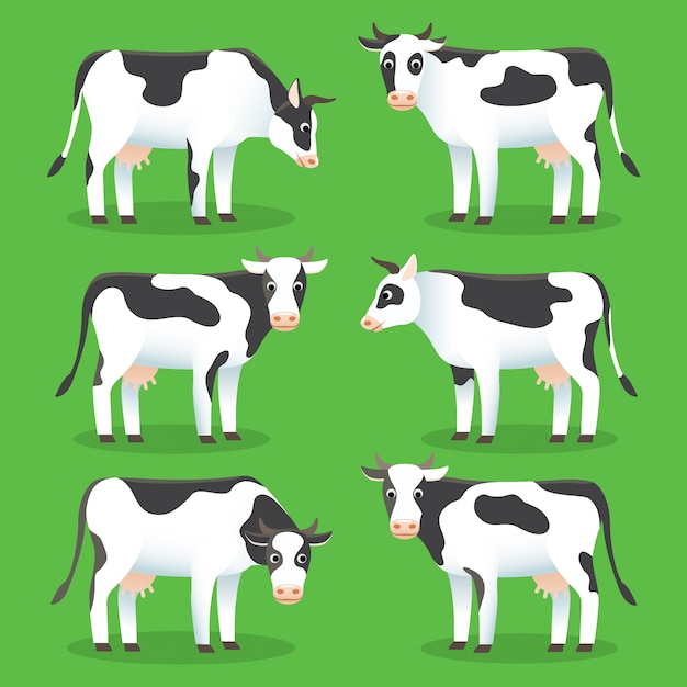 Animaux De Ferme Vaches Sur Fond Vert. Ensemble De Vaches Blanches Et Noires Avec Style, Pour Logo Et Web. Personnage De Dessin Animé De Vache De Ferme.