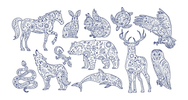 Animaux Folkloriques Scandinaves Animal Totem Sauvage Dans Le Style De Ligne Avec Des Symboles De Décoration Ornés