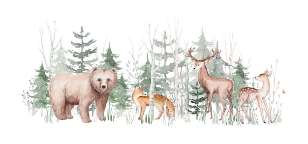 Vecteur animaux de la forêt à l'aquarelle roux sauvage cerf ours lièvre dans un style réaliste faune peinte à la main