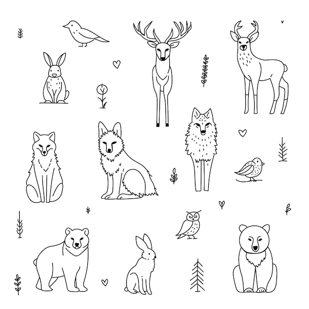 Vecteur les animaux de la forêt illustration d'art en ligne avec le renard owh le lapin l'ours derr l'oiseau