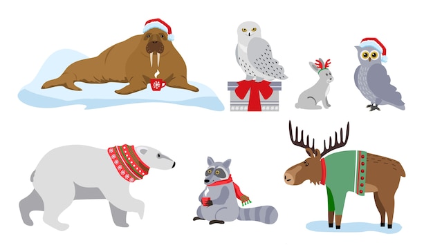 Animaux D'hiver Avec Des Cadeaux, Des Chapeaux De Père Noël Et Des Foulards. Joyeux Noel Et Bonne Année.