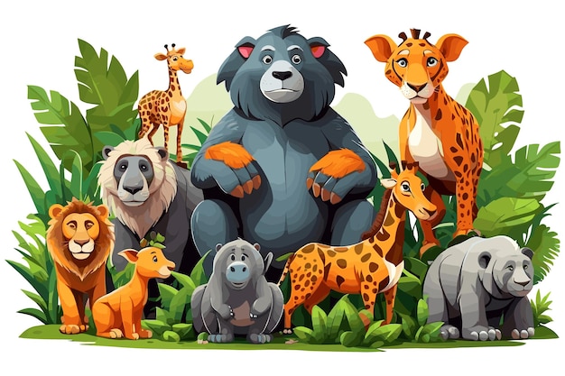 Animaux de la jungle dans le style des dessins animés sur fond blanc