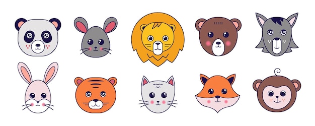 Vecteur animaux kawaii. souris mignonne de panda de tigre de chat de griffonnage et d'autres avatars d'animaux de compagnie avec des visages drôles d'emoji. vector cartoon illustration têtes d'animaux ensemble d'ours, renard, singe