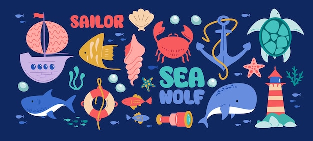 Vecteur animaux marins avec des citations animaux sauvages sous-marins mignons étiquettes dessinées à la main créatures marines et plantes avec des slogans typographiques collection vectorielle