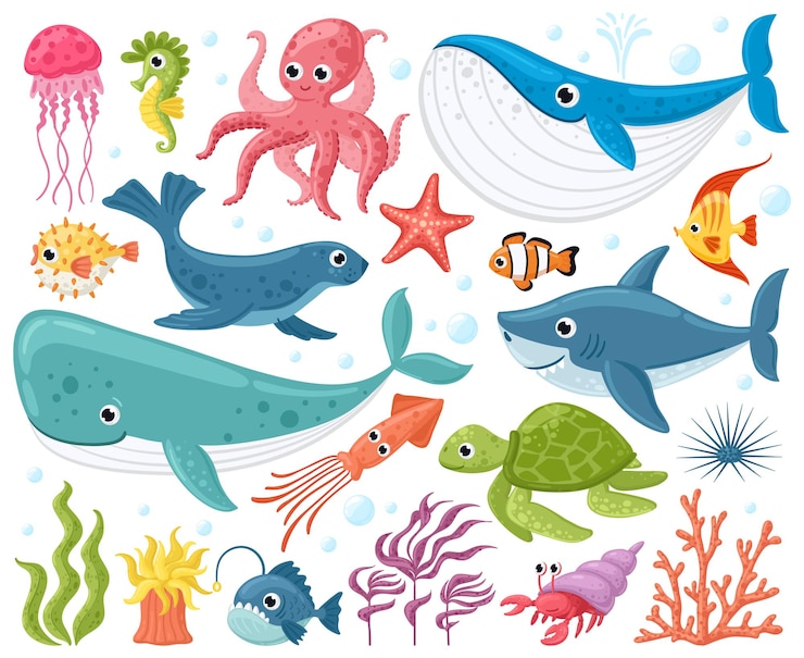 Vecteur animaux marins de dessin animé isolés sur blanc
