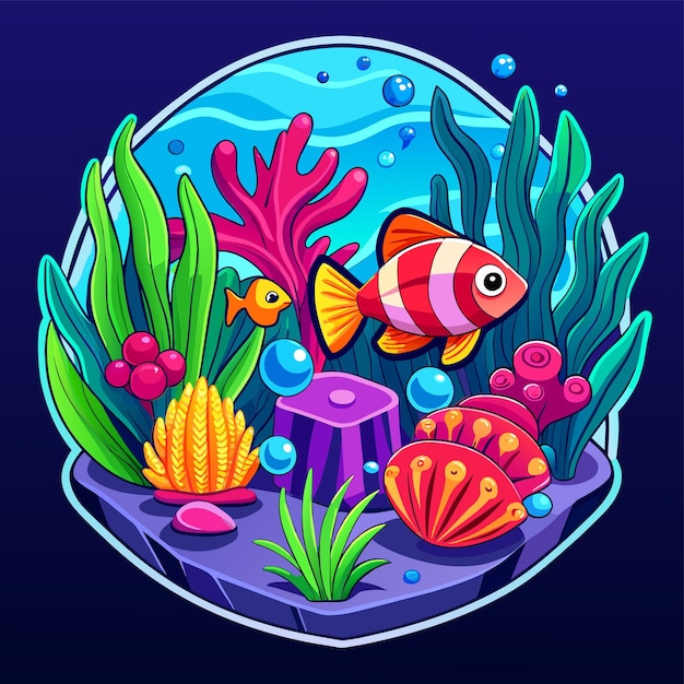 Vecteur animaux marins sous-marins plantes marines et poissons mascotte dessinée à la main autocollant personnage de dessin animé