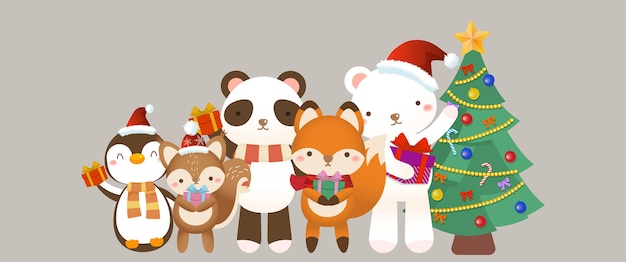 Animaux mignons avec arbre de noël et cadeaux sur fond clair