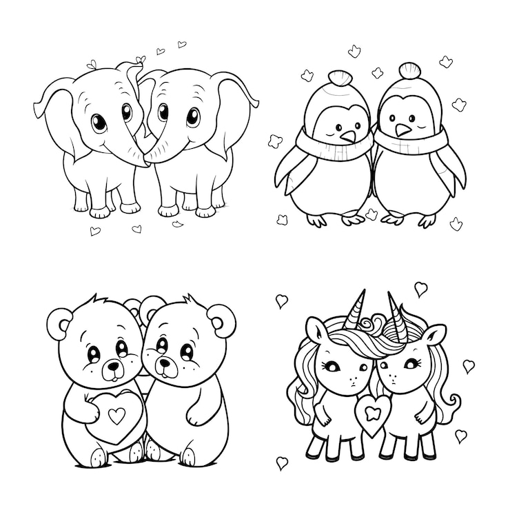 Vecteur des animaux mignons couples de la saint-valentin avec une ligne de cœur design artistique