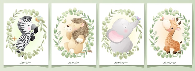 Animaux Mignons De Griffonnage Avec Illustration De Jeu Floral