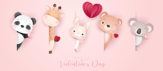 Animaux Mignons De Griffonnage Pour La Saint-valentin En Style Papier