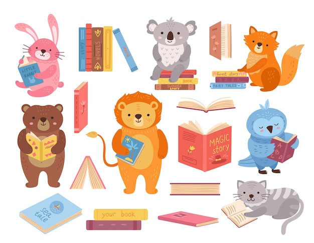 Animaux Mignons Avec Des Livres Piles De Livres De Lecture D'animaux Personnages D'étude Scolaire Oiseau Lapin Ours Dans La Bibliothèque Ensemble De Vecteurs Exacts Pour L'éducation Des Enfants