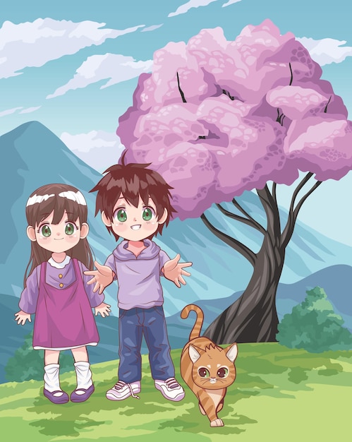 Anime Couple Avec Chat En Montagne