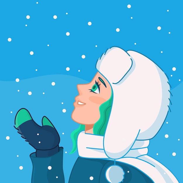 Anime Girl Dans Des Vêtements Chauds Regarde La Neige Qui Tombe