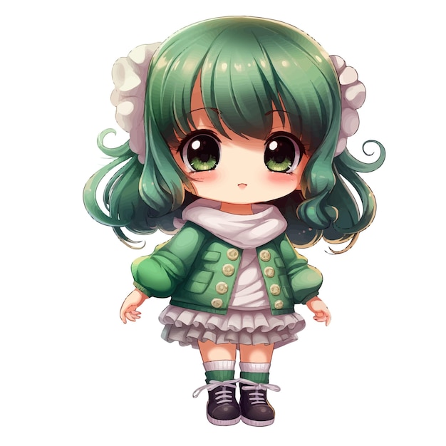 Anime Girl décontractée avec des cheveux et une veste vert vif
