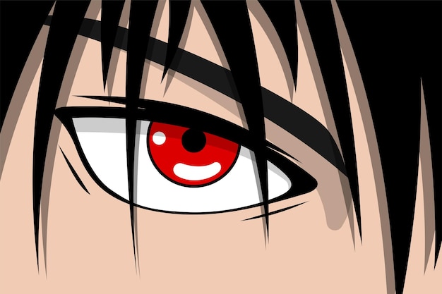 Anime joli visage de garçon avec des yeux rouges et des cheveux noirs manga héros art fond concept vecteur dessin animé