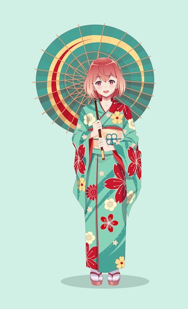 Anime Manga Filles En Kimono Tenant Un Parapluie En Papier