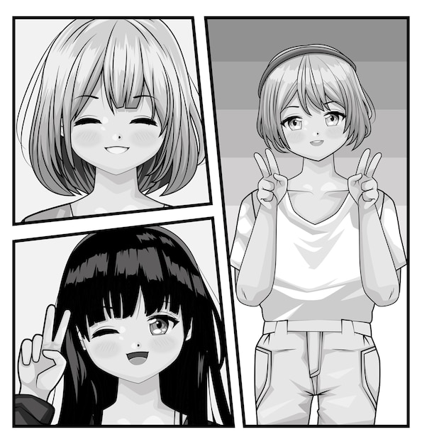Anime monochrome de trois dames