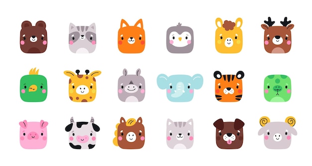 Animés de dessins animés à visages carrés Muscles mignons Icones d'applications mobiles Ours heureux et raton laveur Personnages de faune drôles Animaux de compagnie chien Elephant et pingouin oiseau Mammifères vectoriels grincheux Set de têtes
