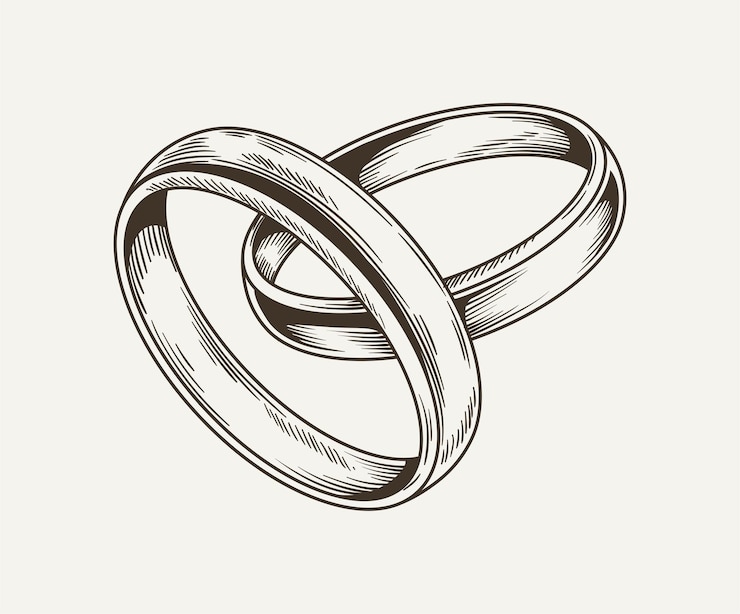 Vecteur anneau de mariage bijoux et accessoires de croquis minimalistes pour la cérémonie de mariage passion et romance