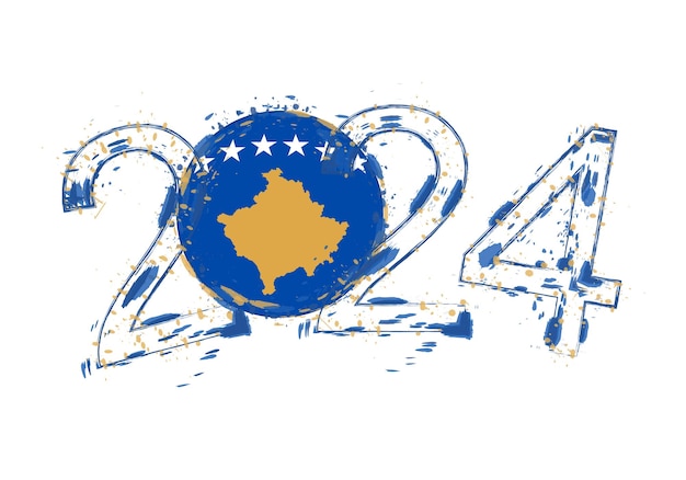 Vecteur année 2024 dans un style grunge avec drapeau du kosovo