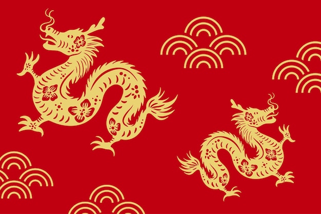 Année Chinoise Du Dragon Fond Rouge Doré