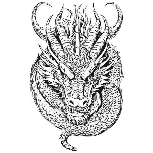 Vecteur année du dragon de bois vert croquis de dessin animé dessiné à la main pour la nouvelle année noir blanc isolé encre vectorielle contours modèle pour logo d'invitation d'affiche de carte de vœux