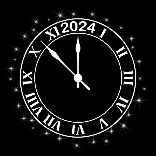 Vecteur année nouvelle 2024 l'aiguille de l'horloge montre environ 2024 heures illustration vectorielle brillante en argent eps 10