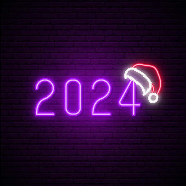 Vecteur année nouvelle 2024 avec chapeau de père noël neon purple signe de la nouvelle année bannière d'accueil pour votre conception