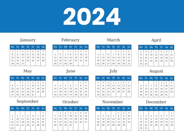 Années 2024 calendrier disposition du calendrier La semaine commence le dimanche modèle de planificateur de bureau avec 12 mois