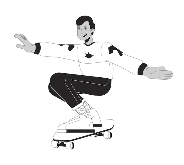 Vecteur les années 80 skateboarder adolescent garçon dessin animé noir et blanc illustration plate patineur indien masculin à cheval squatting personnage linéaire 2d isolé récréation des années 1980 scène vectorielle contour d'image