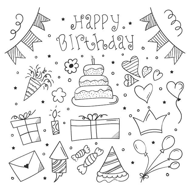 Anniversaire doodle fond joyeux anniversaire élément design avec style doodle