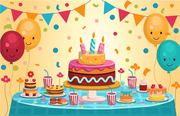 Anniversaire des enfants Table de fête avec gâteau et bonbons Illustration d'anniversaire heureux dans le style de dessin animé