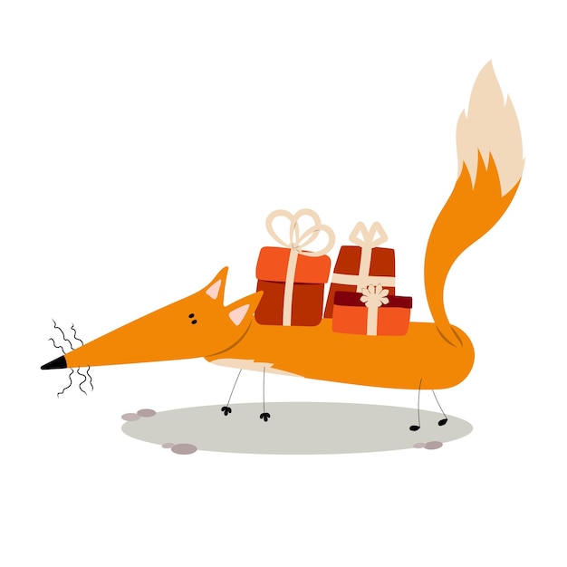 Anniversaire festif Noël Nouvel an adorable renard avec boîte-cadeau. Clipart de dessin animé Illustration vectorielle