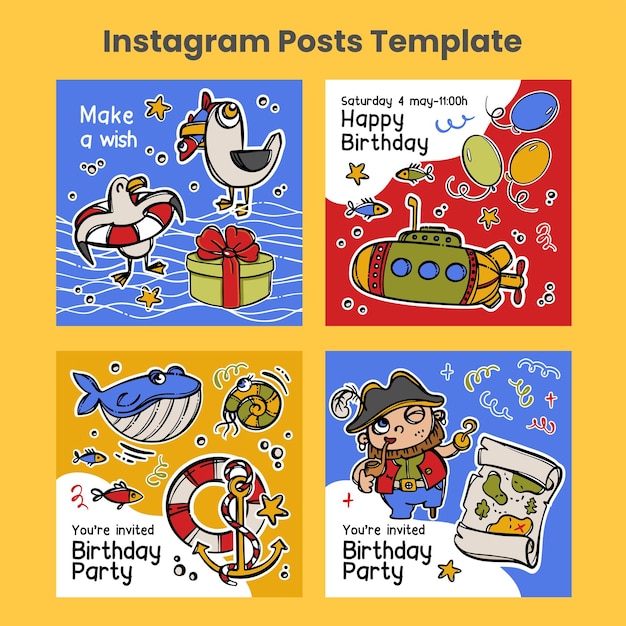 Anniversaire Pirate Post Template Cartes De Conception Ensemble De Médias Sociaux