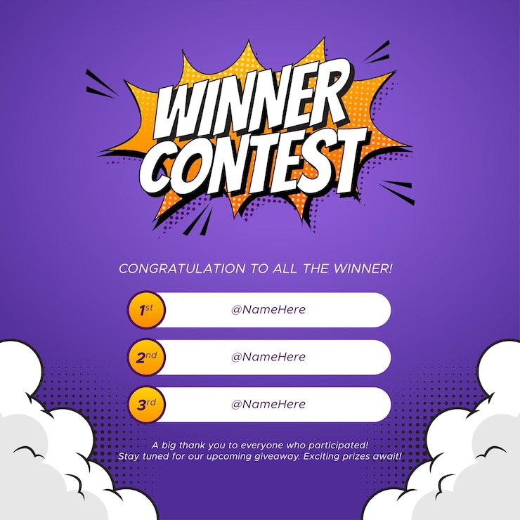 Vecteur annonce du gagnant du concours pour le programme de post-marketing sur les médias sociaux ou l'activation de la marque