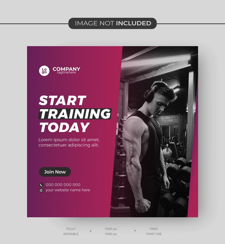 Vecteur annonce de fitness en salle de sport, soins de santé, instagram, médias sociaux, affichage d'une bannière pour un club de fitness qui dit étoile