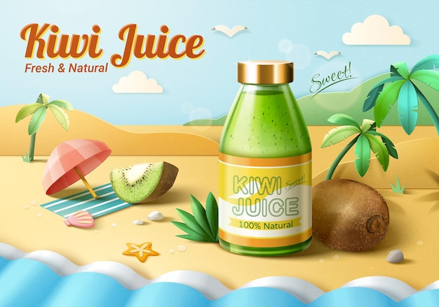 Annonce promotionnelle de jus de kiwi vert au bord de la plage