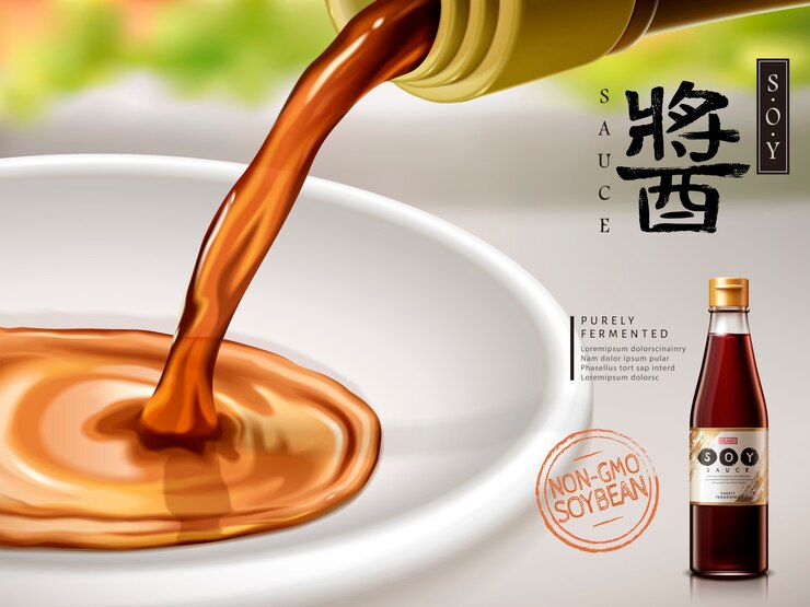 Vecteur annonce de sauce de soja avec flux de sauce sauce mot chinois