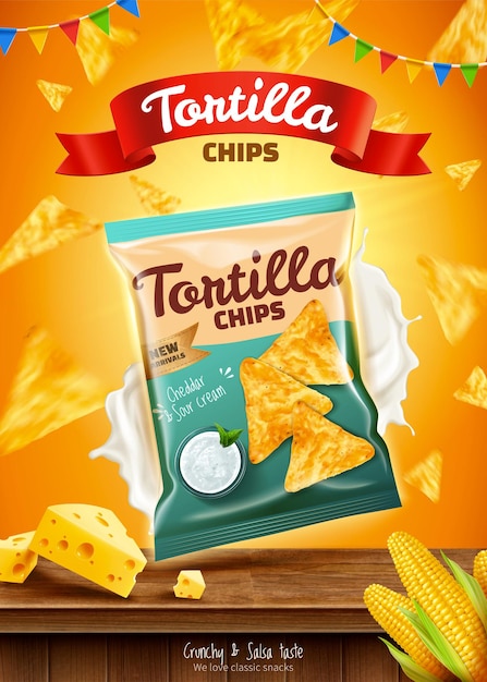 Vecteur annonces de chips tortilla avec crème sure et flocons de maïs volants en illustration 3d