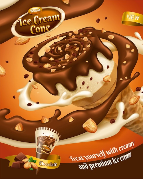 Vecteur annonces de cornet de crème glacée au chocolat