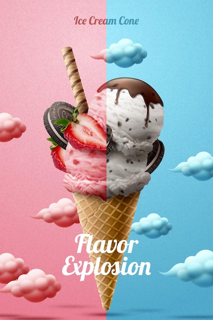 Annonces drôles de cornet de crème glacée avec la saveur de vanille de fraise et de chocolat