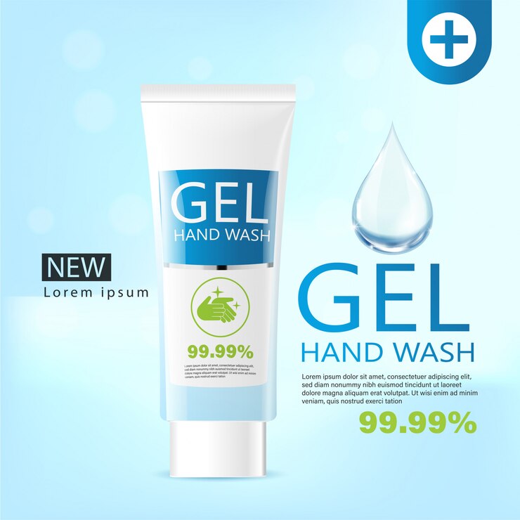 Annonces de gel de lavage des mains médicales, bouteille transparente en illustration 3d