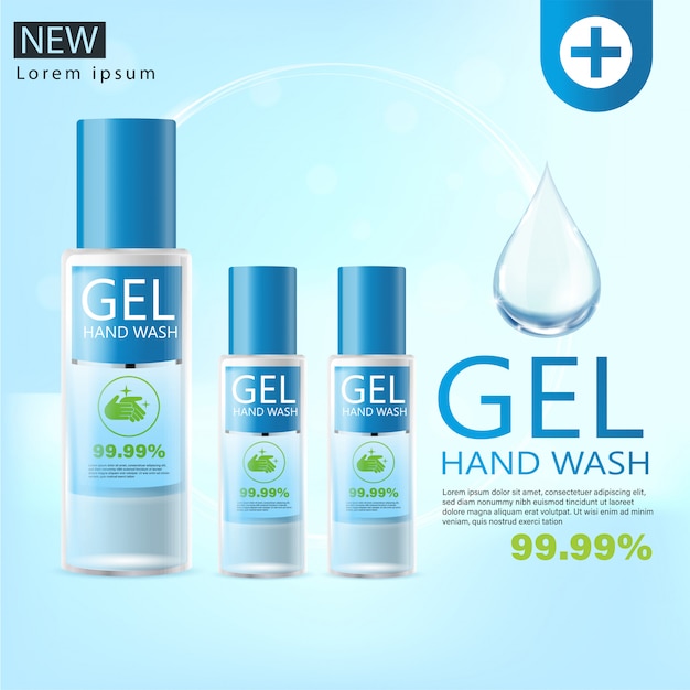Annonces de gel de lavage des mains médicales, bouteille transparente en illustration 3d