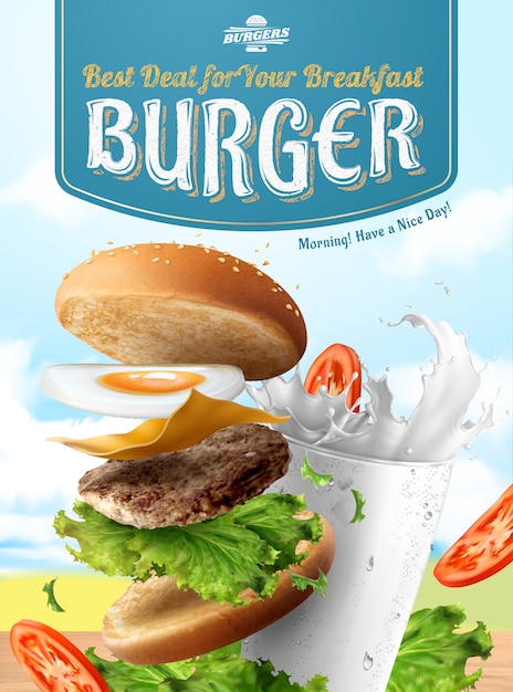 Annonces de hamburger oeuf petit déjeuner avec du lait sur fond de ciel bleu en illustration 3d