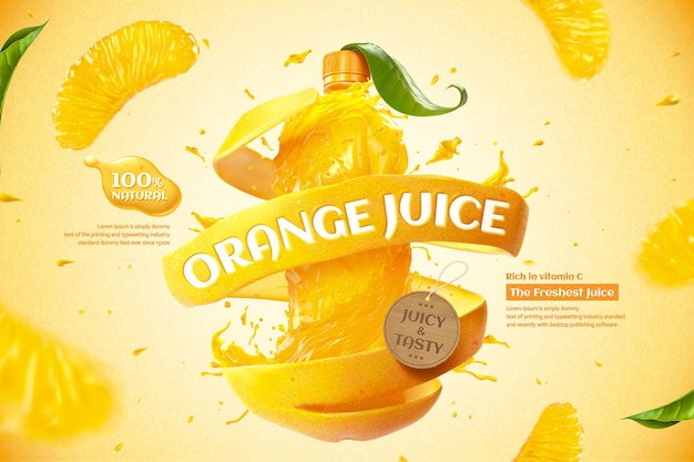 Annonces De Jus De Bouteille D'orange Avec éclaboussures De Liquide Et De Pulpe Fraîche En Illustration 3d