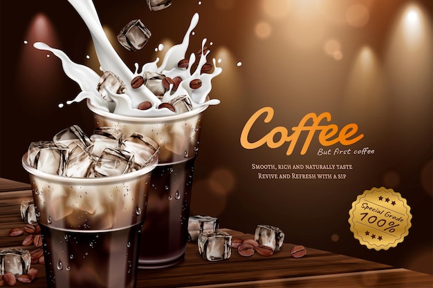 Annonces De Latte Froide Avec Du Lait Qui Se Déverse Dans Une Tasse à Emporter En Illustration 3d