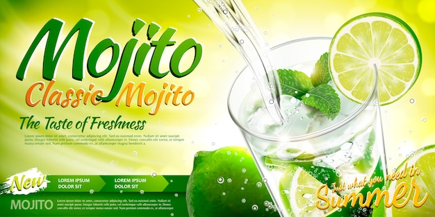 Annonces de mojito rafraîchissantes avec boisson versée dans une tasse en verre, éléments de citron vert et de menthe