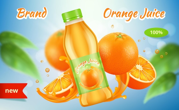 Annonces orange. Bouteille de jus de vitamines Placard avec des éclaboussures de fruits spray graphique publicitaire.