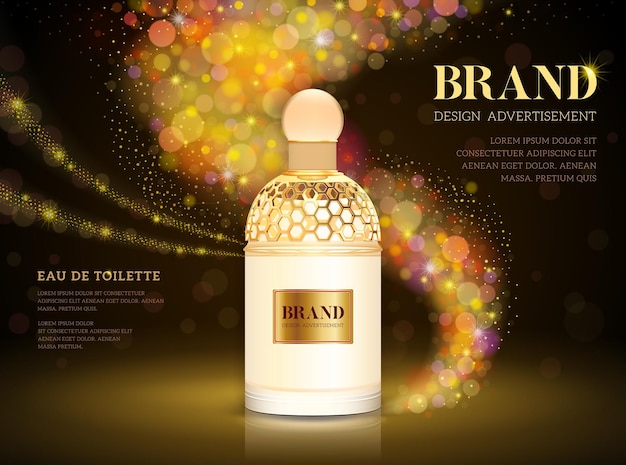 Vecteur annonces de parfum haut de gamme, bouteille de parfum de luxe réaliste à vendre ou publicité dans un journal. isolé sur fond de paillettes scintillantes